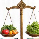 Illustration einer Waage mit verschiedenen Lebensmitteln, die Gewichtsmanagement symbolisiert